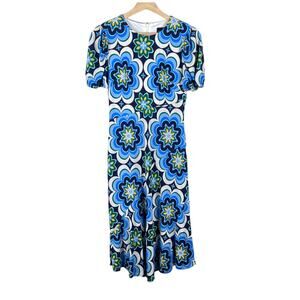 Donna Morgan Jewel Neck Floral Midi Dress in Navy Blue / Everglade Size 0